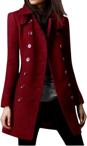 loveimgs Women Double Breasted Wool Jacket Blazer Pea Coat Button Down Mid Long Trench Coat Winter Overcoat
