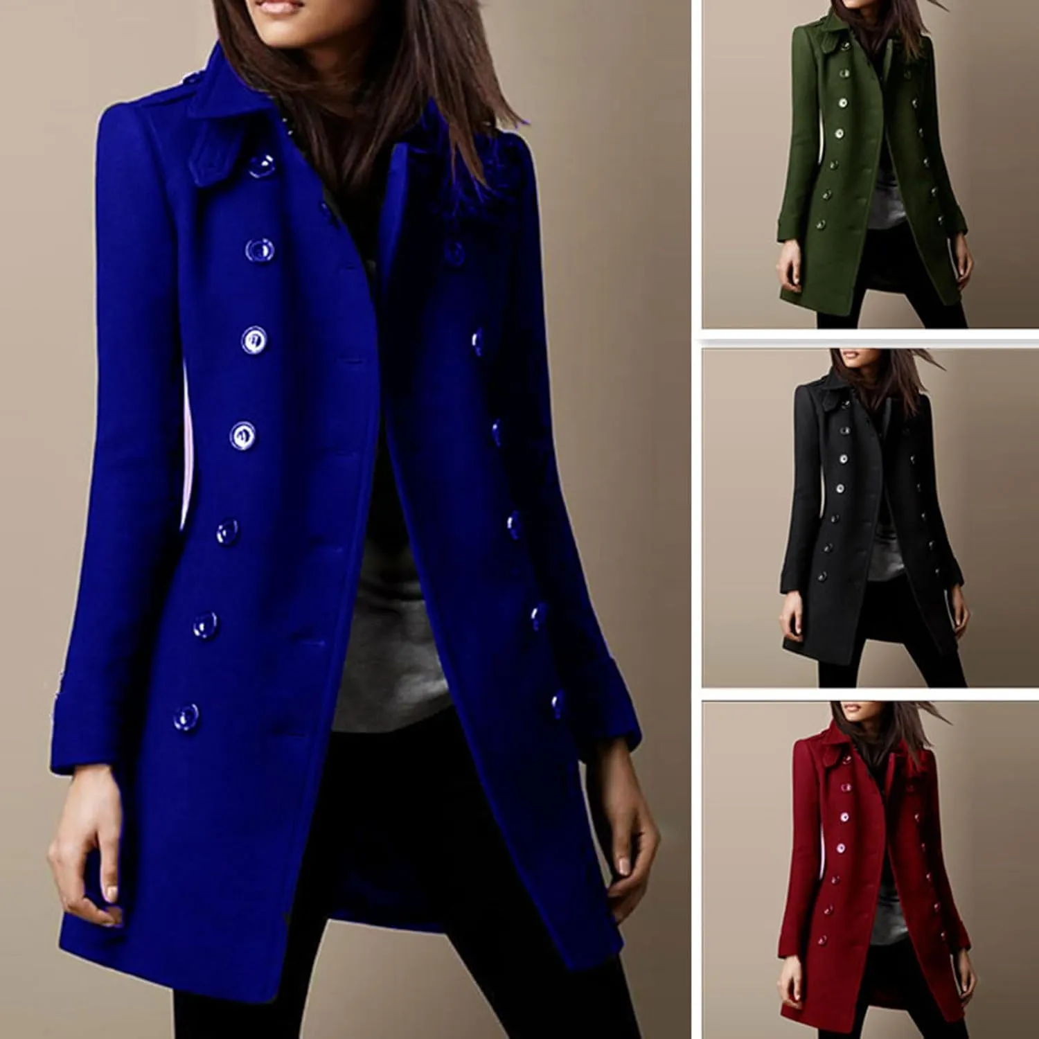 loveimgs Women Double Breasted Wool Jacket Blazer Pea Coat Button Down Mid Long Trench Coat Winter Overcoat