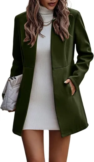 loveimgs Women Winter Wool Jacket Blazer Pea Coat Tailored Open Front Cardigan Work Office Woolen Mid Long Trench Coat