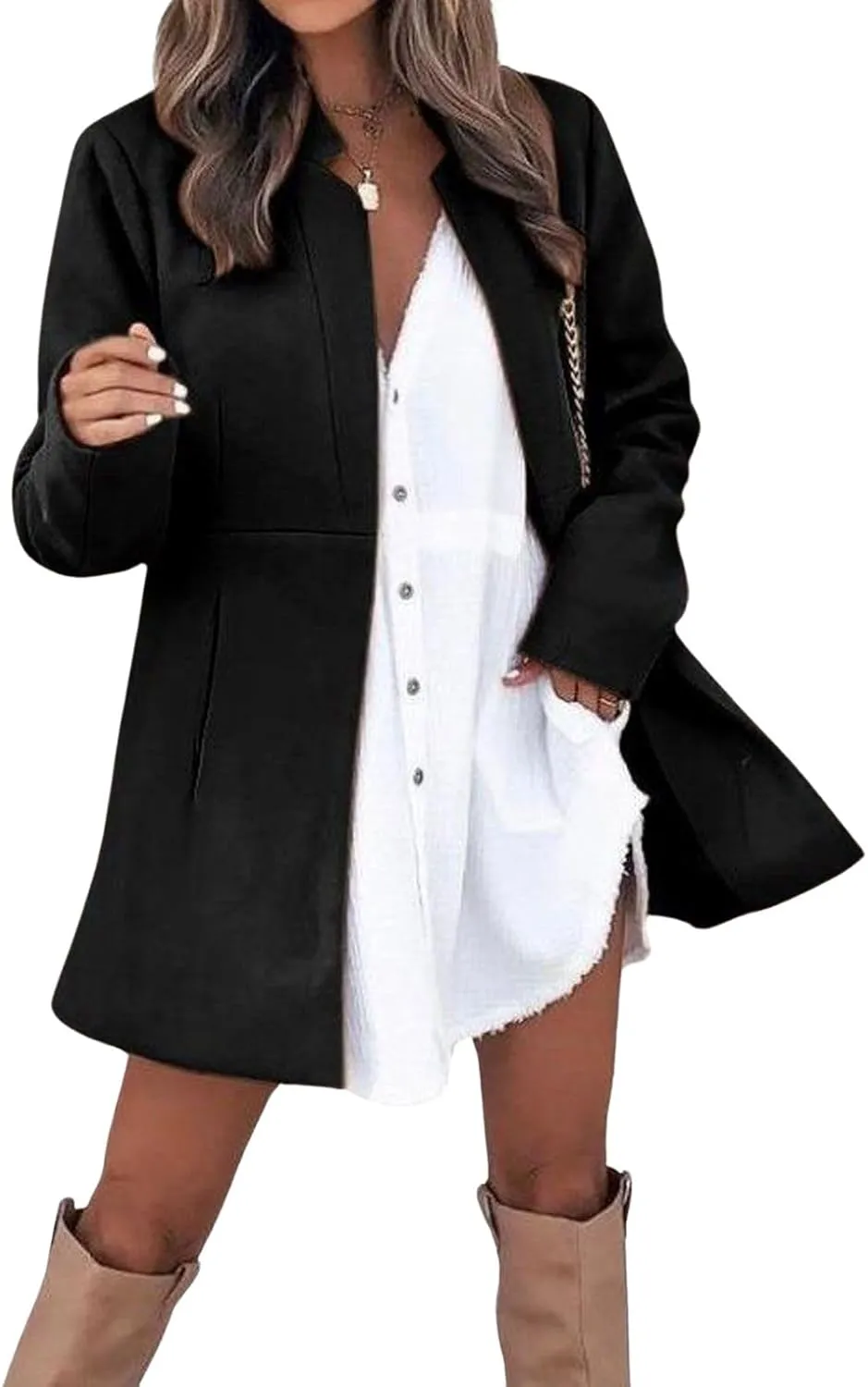 loveimgs Women Winter Wool Jacket Blazer Pea Coat Tailored Open Front Cardigan Work Office Woolen Mid Long Trench Coat