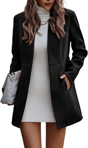 loveimgs Women Winter Wool Jacket Blazer Pea Coat Tailored Open Front Cardigan Work Office Woolen Mid Long Trench Coat