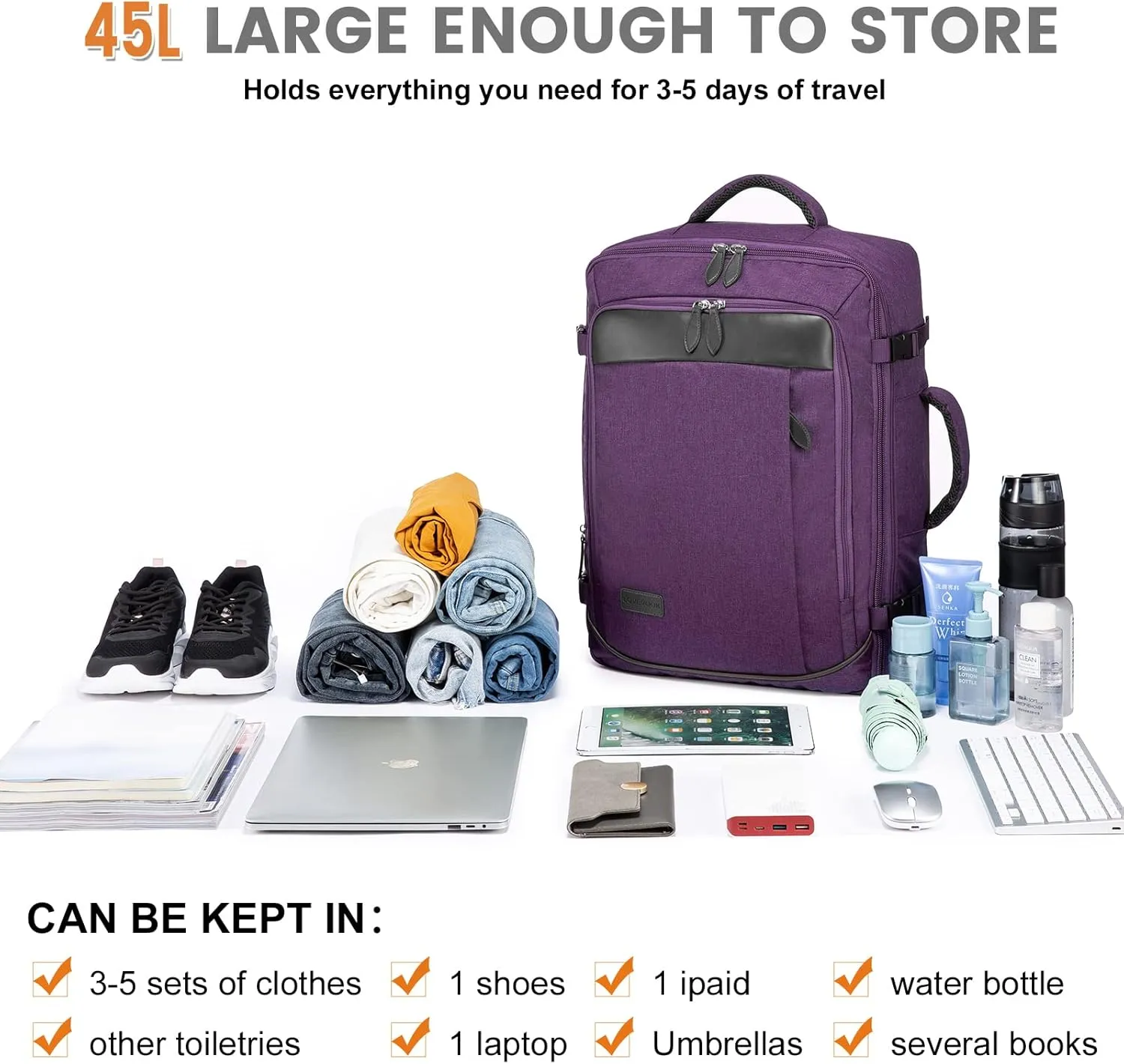 LOVEVOOK Carry on Backpack, 45L Large Travel Backpack for Women Airline Approved, Expandable Large Suitcase Backpacks With 4 Packing Cubes, Aer Travel Pack 3, Water Resistant Weekender Bag