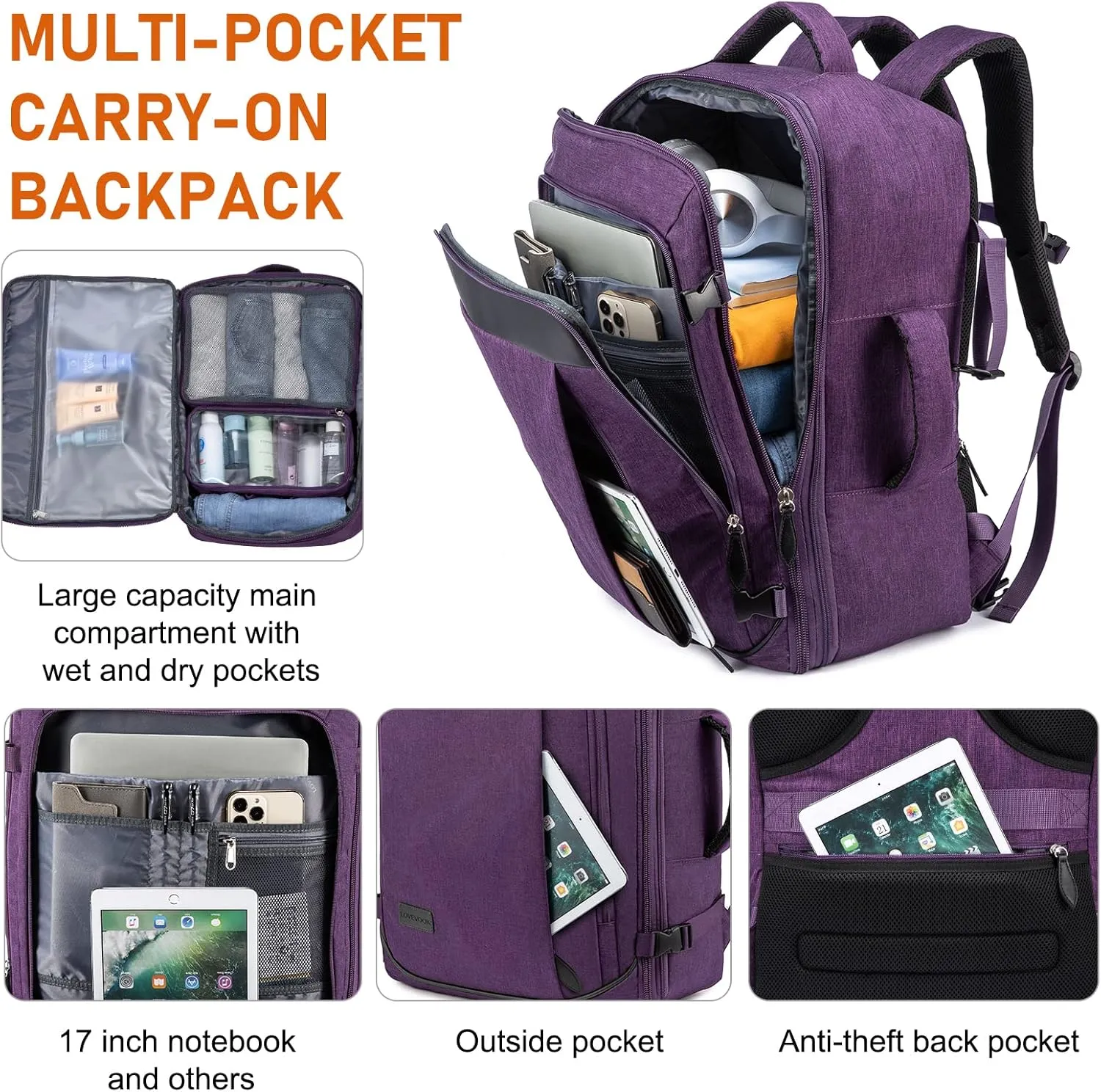 LOVEVOOK Carry on Backpack, 45L Large Travel Backpack for Women Airline Approved, Expandable Large Suitcase Backpacks With 4 Packing Cubes, Aer Travel Pack 3, Water Resistant Weekender Bag