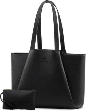 LOVEVOOK Women's 17 Inch Laptop Tote Bag, Black, PU Leather, Water Resistant, Reinforced Bottom