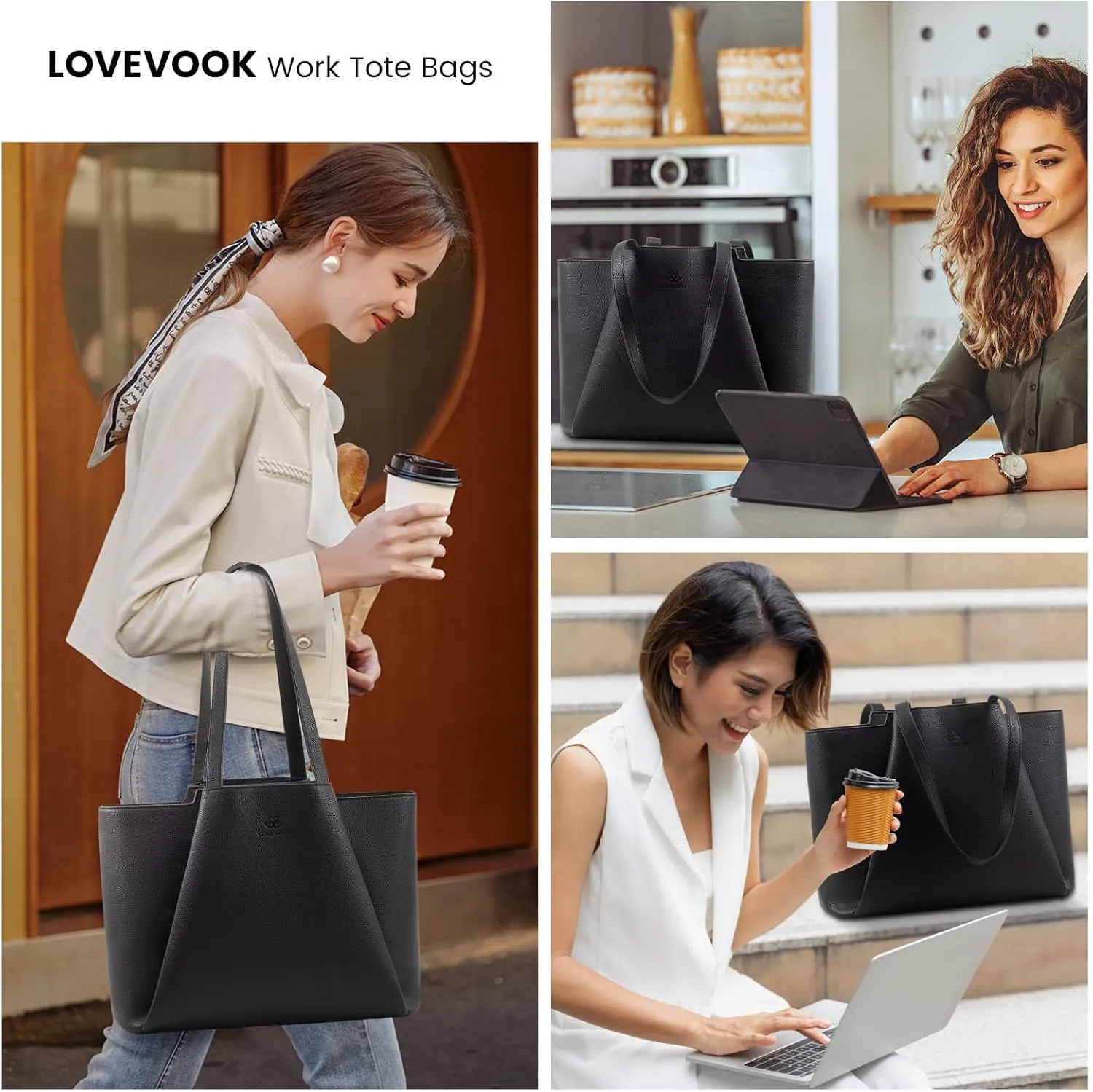 LOVEVOOK Women's 17 Inch Laptop Tote Bag, Black, PU Leather, Water Resistant, Reinforced Bottom