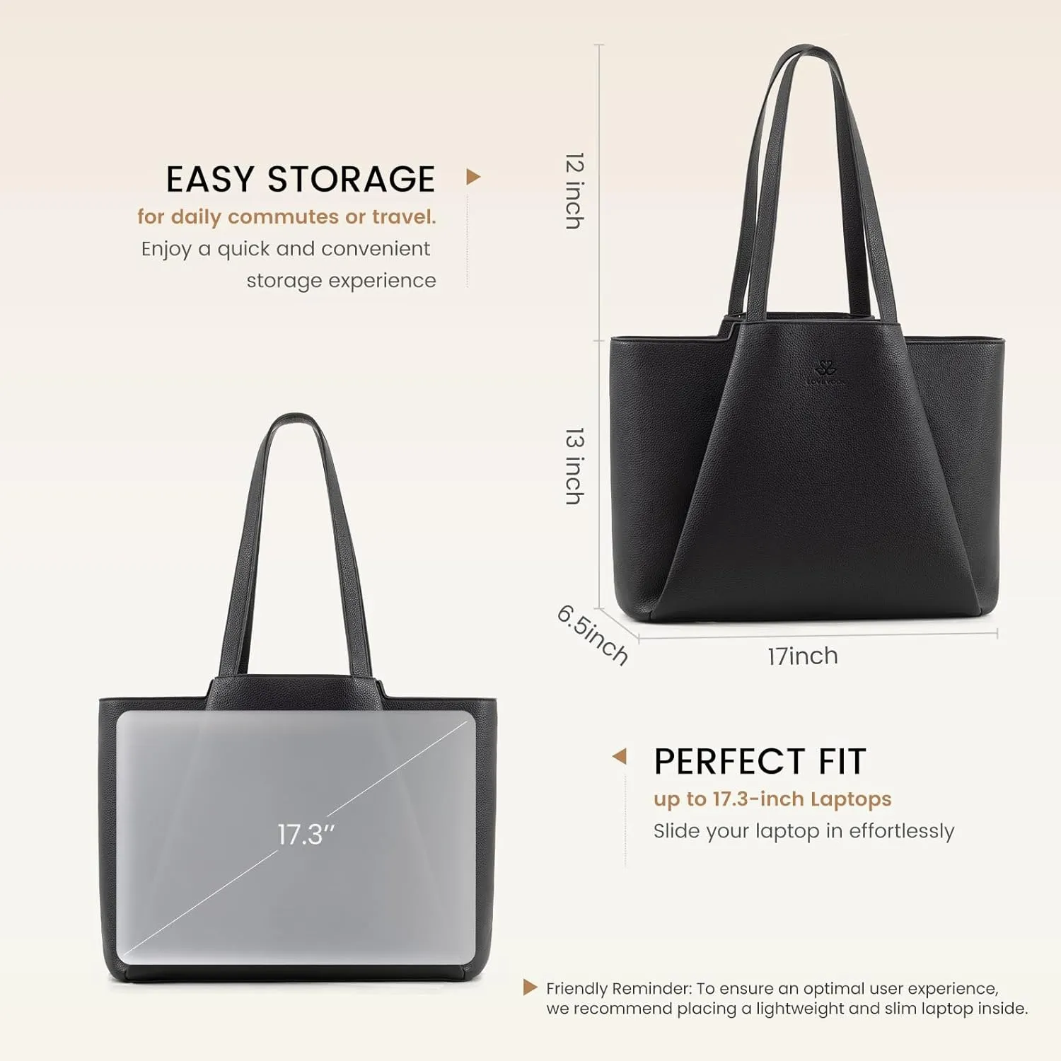 LOVEVOOK Women's 17 Inch Laptop Tote Bag, Black, PU Leather, Water Resistant, Reinforced Bottom