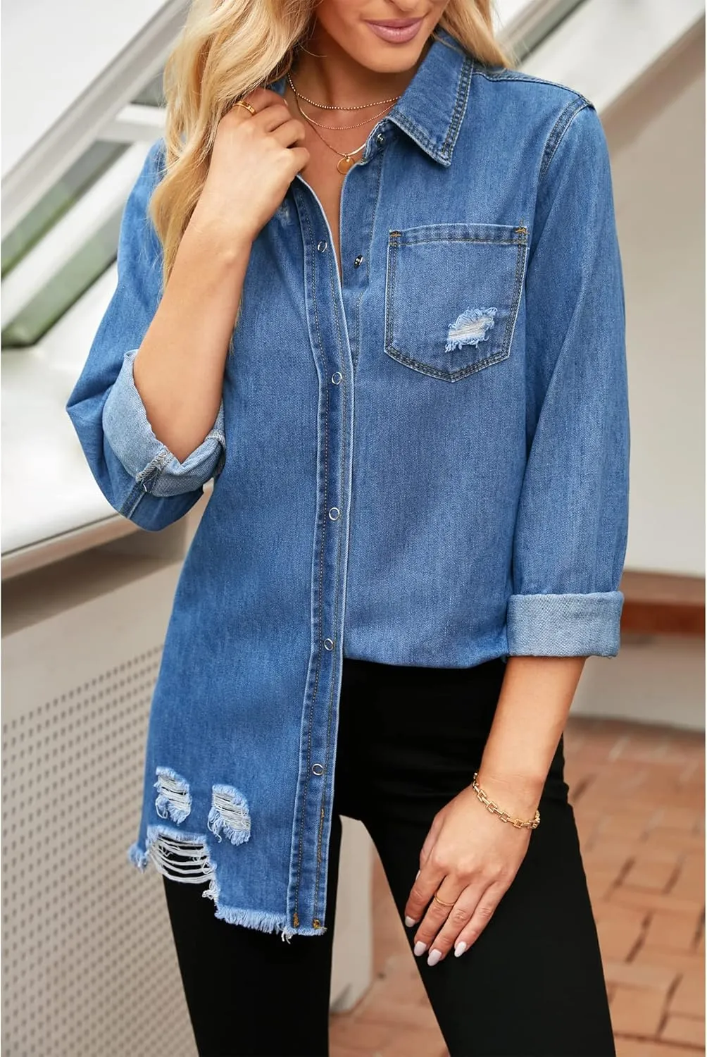 luvamia Womens Denim Jacket Distressed Button Down Jean Shirt For Women Ripped Shacket Coat