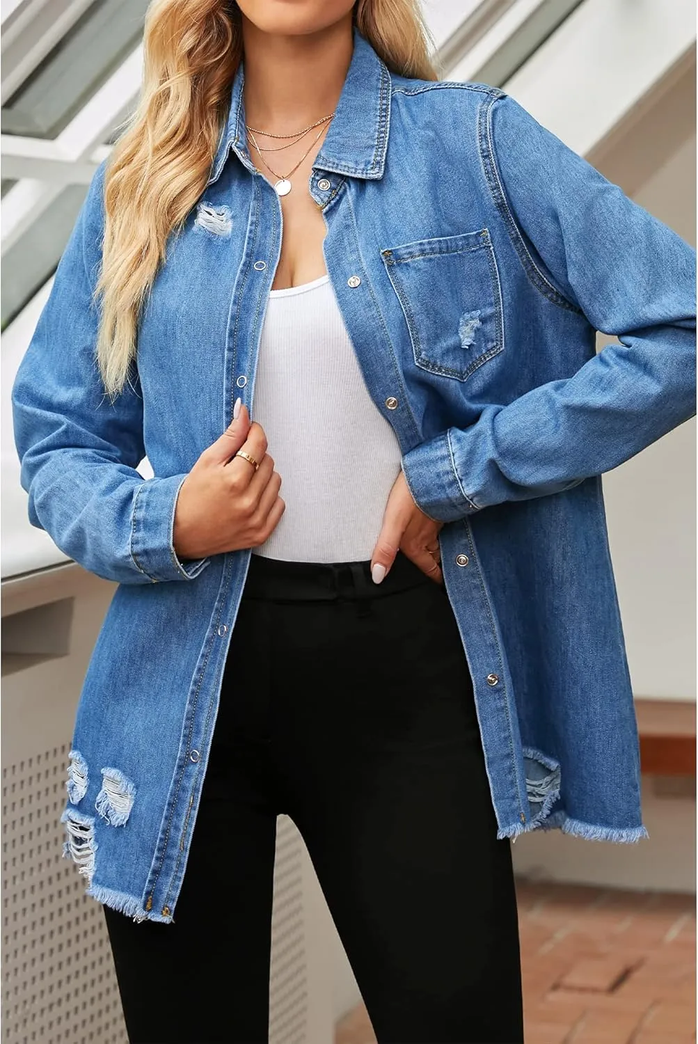 luvamia Womens Denim Jacket Distressed Button Down Jean Shirt For Women Ripped Shacket Coat