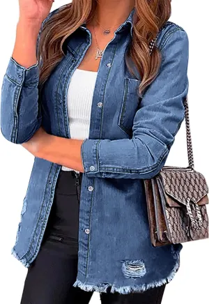 luvamia Womens Denim Jacket Distressed Button Down Jean Shirt For Women Ripped Shacket Coat