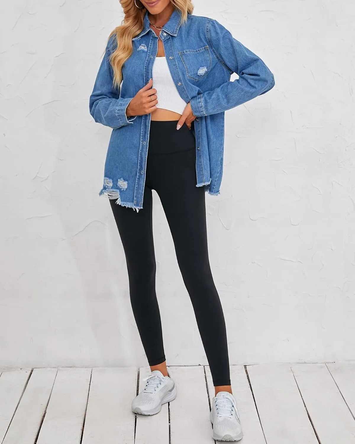 luvamia Womens Denim Jacket Distressed Button Down Jean Shirt For Women Ripped Shacket Coat