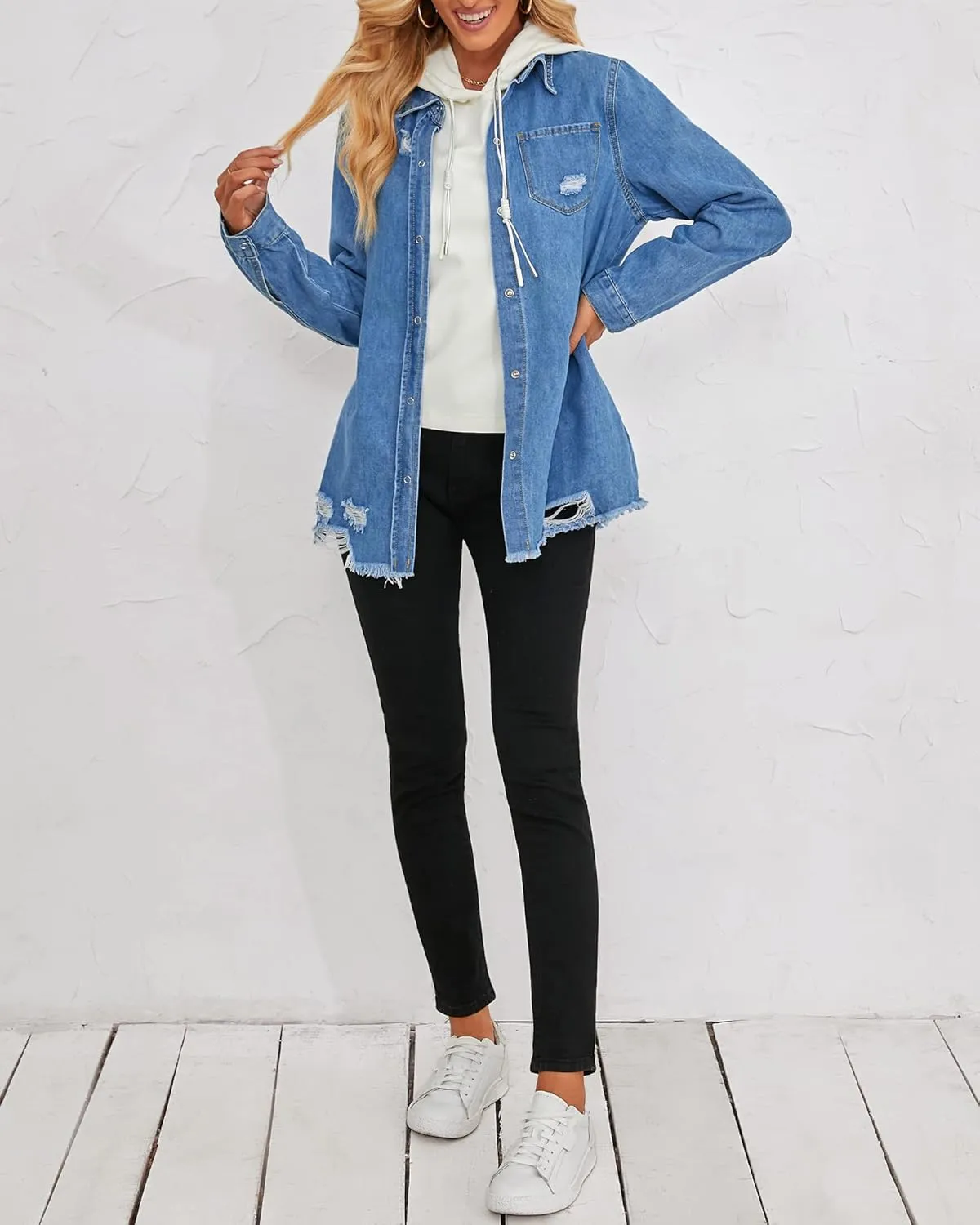 luvamia Womens Denim Jacket Distressed Button Down Jean Shirt For Women Ripped Shacket Coat