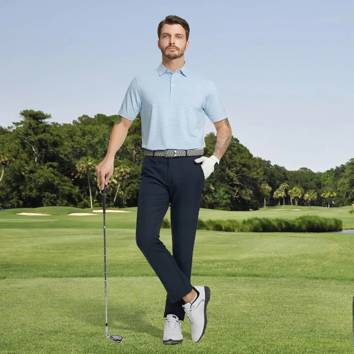 M MAELREG Golf Polo Shirts for Men Stripe Performance Moisture Wicking Dry Fit Collared Mens Polo Shirts Short Sleeve