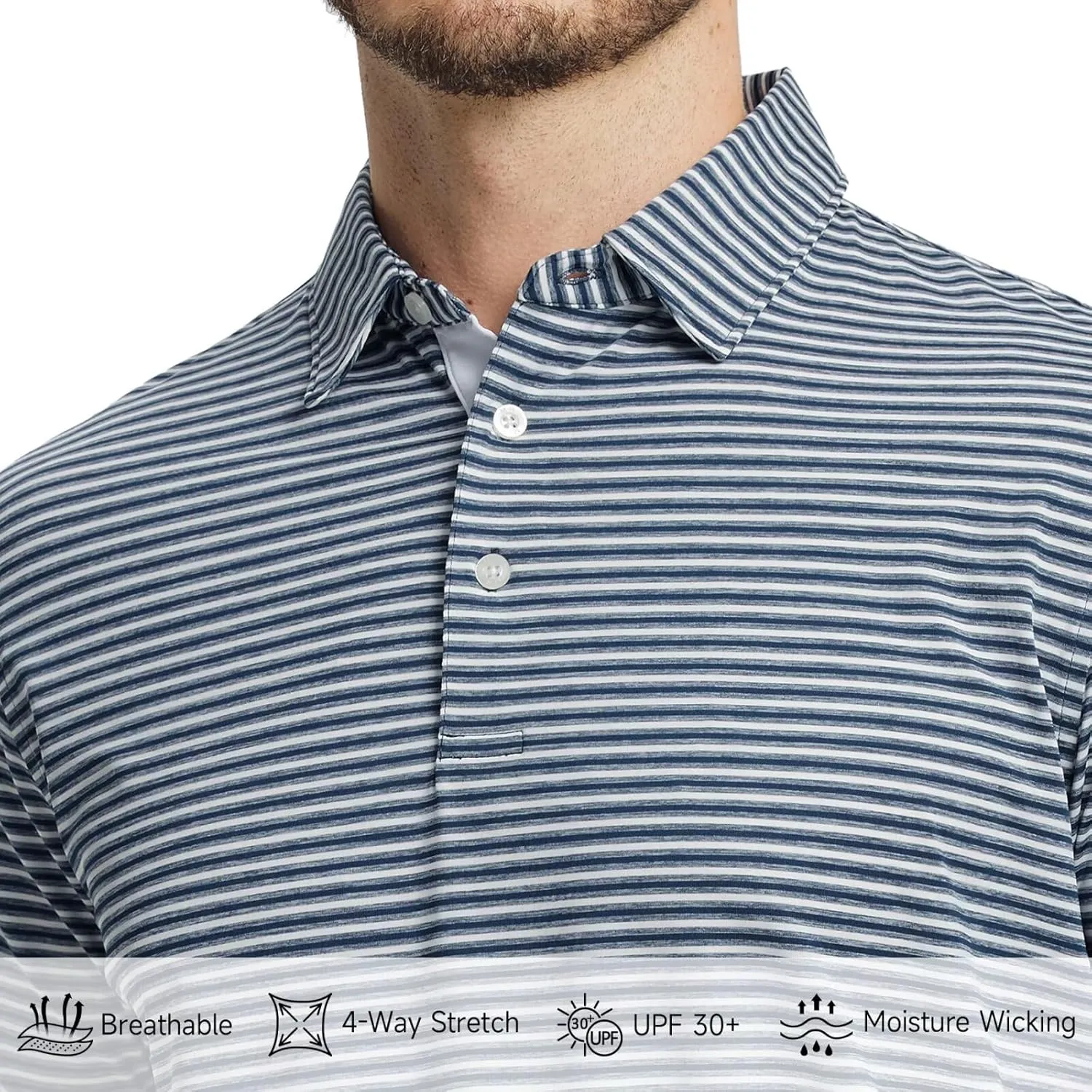 M MAELREG Golf Polo Shirts for Men Stripe Performance Moisture Wicking Dry Fit Collared Mens Polo Shirts Short Sleeve