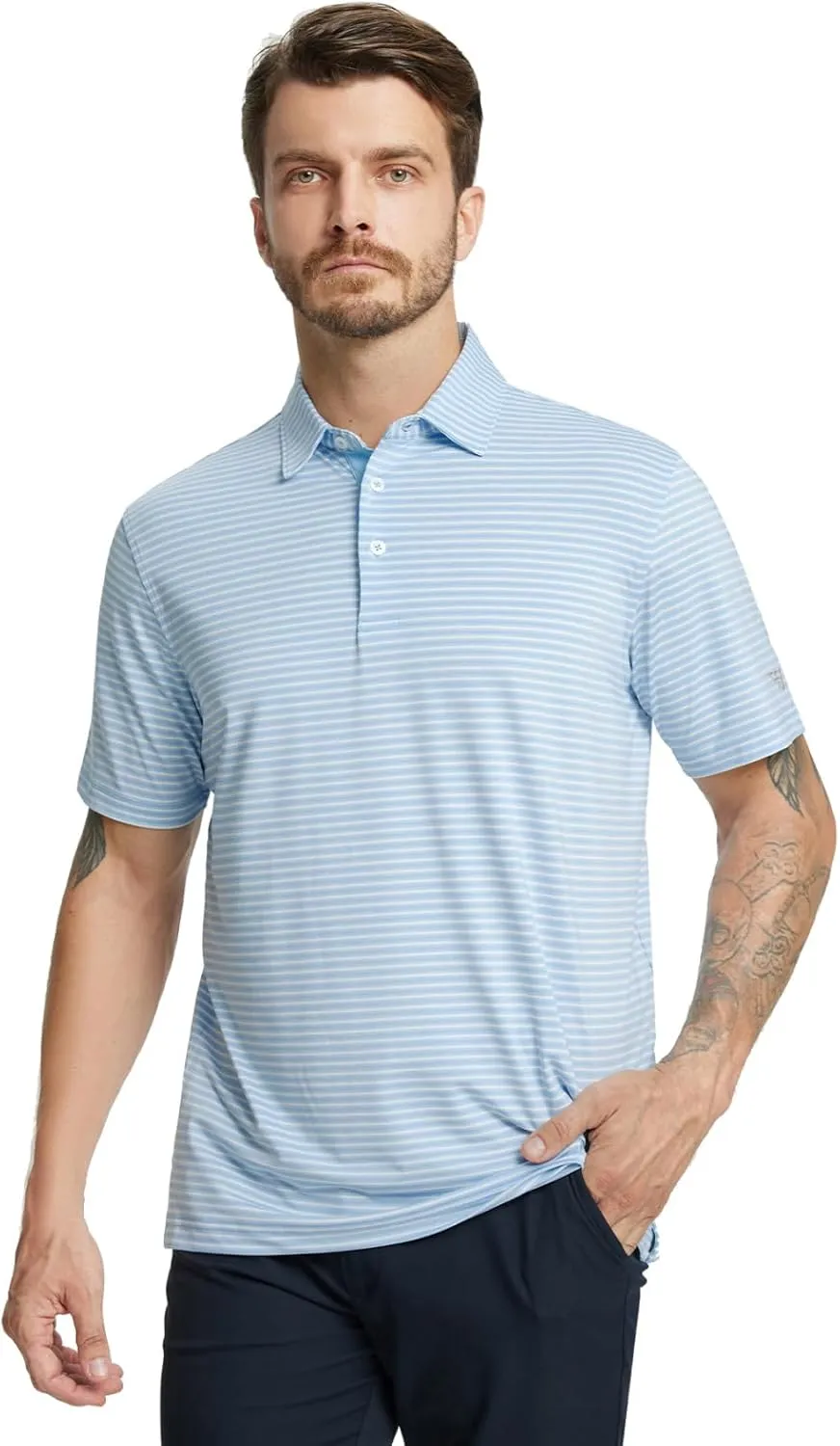 M MAELREG Golf Polo Shirts for Men Stripe Performance Moisture Wicking Dry Fit Collared Mens Polo Shirts Short Sleeve