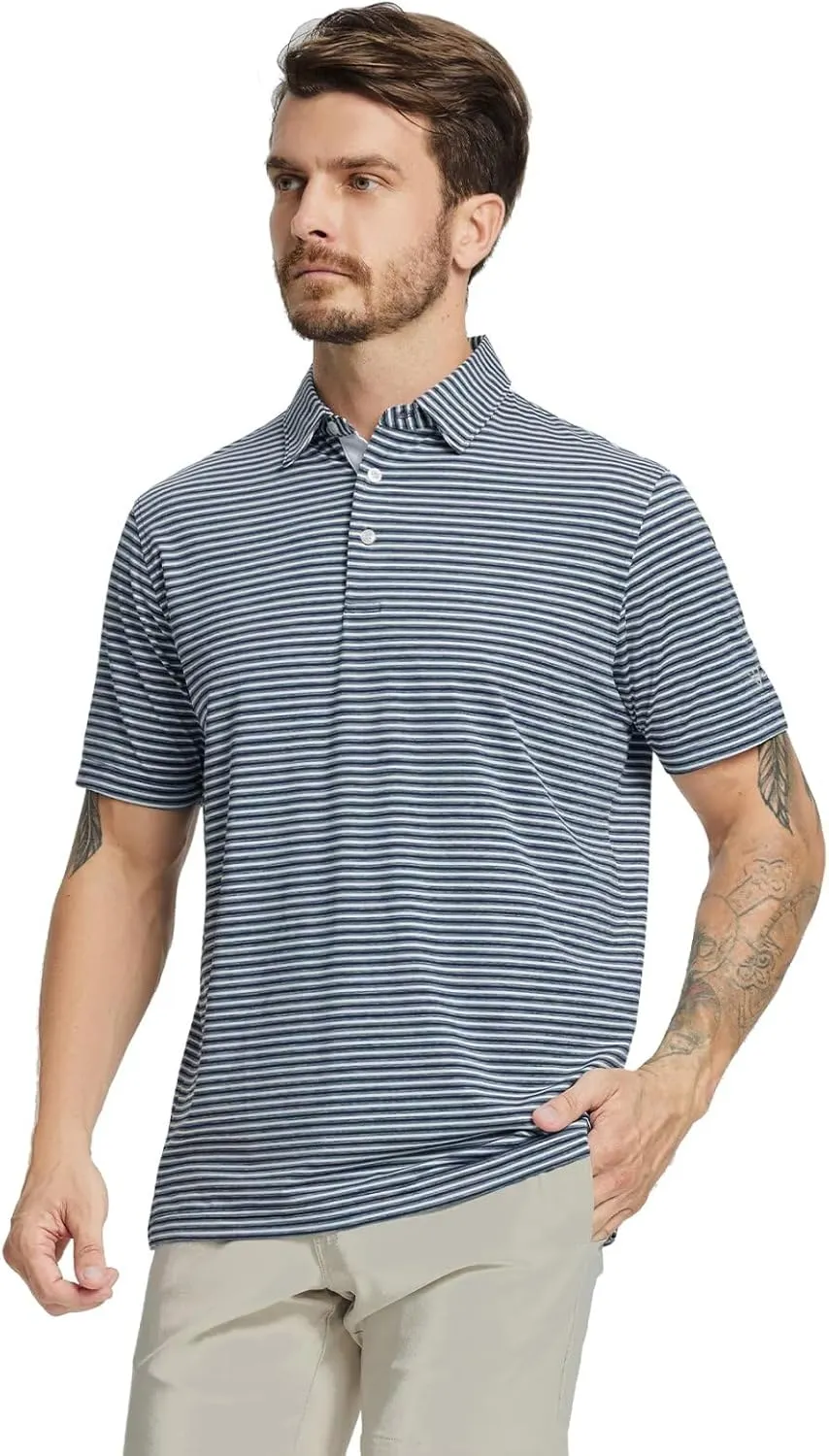 M MAELREG Golf Polo Shirts for Men Stripe Performance Moisture Wicking Dry Fit Collared Mens Polo Shirts Short Sleeve