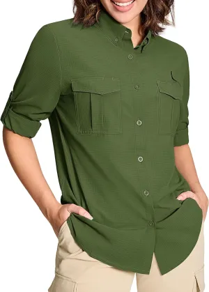 MAGCOMSEN Women's UPF 50  Long Sleeve Fishing Shirts UV Sun Protection Quick Dry Button Down Safari Hiking Travel Shirts