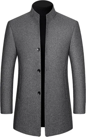Maiyifu-GJ Men's Stylish Wool Blend Trench Coat Single Breasted Business Down Long Overcoat Mid-Length Slim Jacket Topcoat