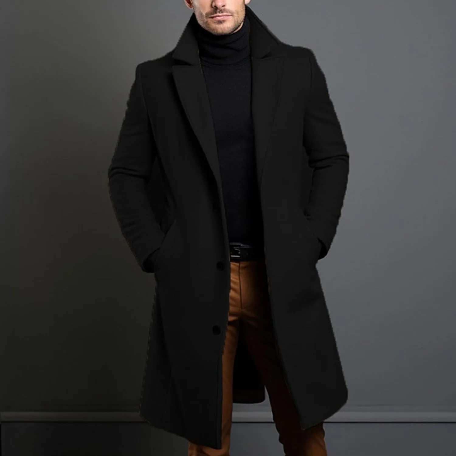 Maiyifu-GJ Men's Wool Blend Pea Coat Notched Collar Single Breasted Overcoat Warm Winter Trench Coat