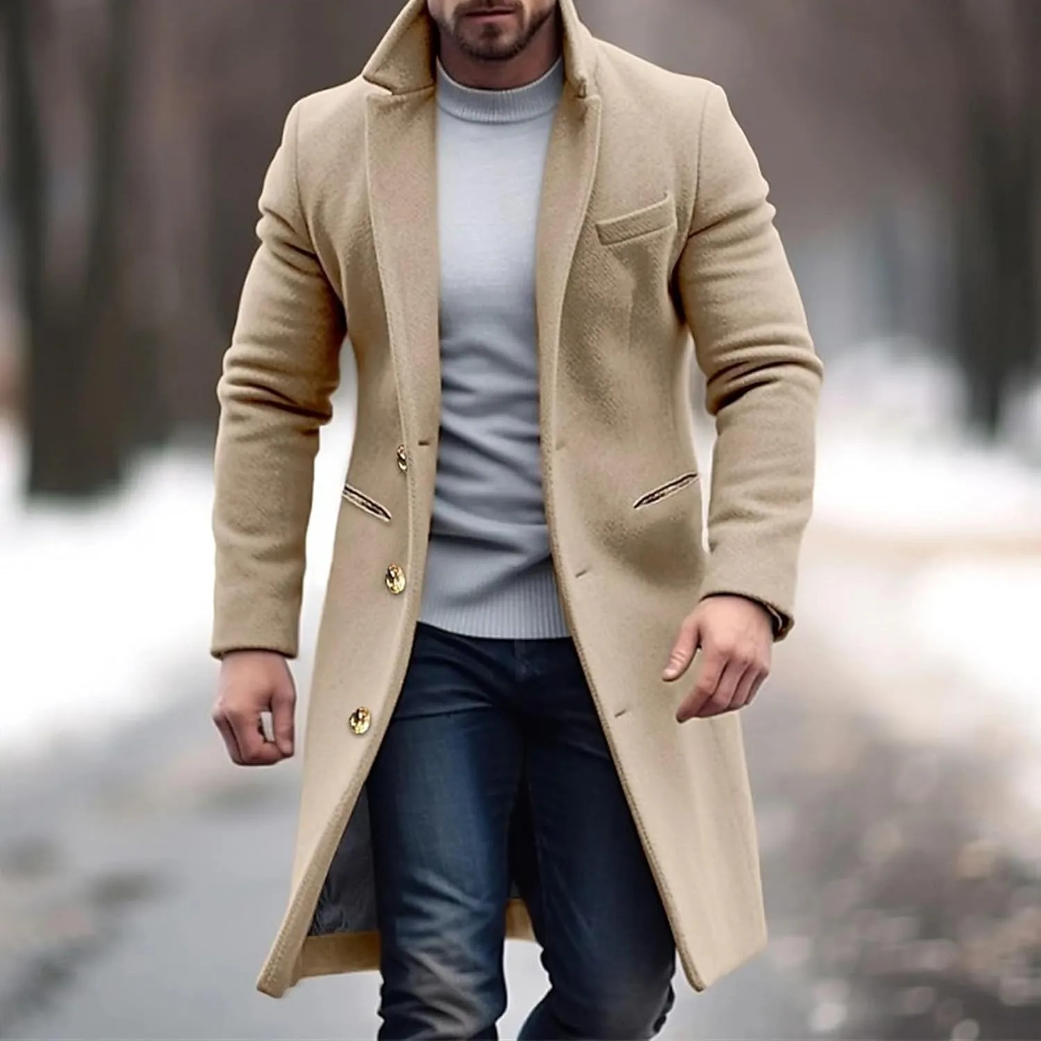 Maiyifu-GJ Men's Wool Blend Pea Coat Notched Collar Single Breasted Overcoat Warm Winter Trench Coat