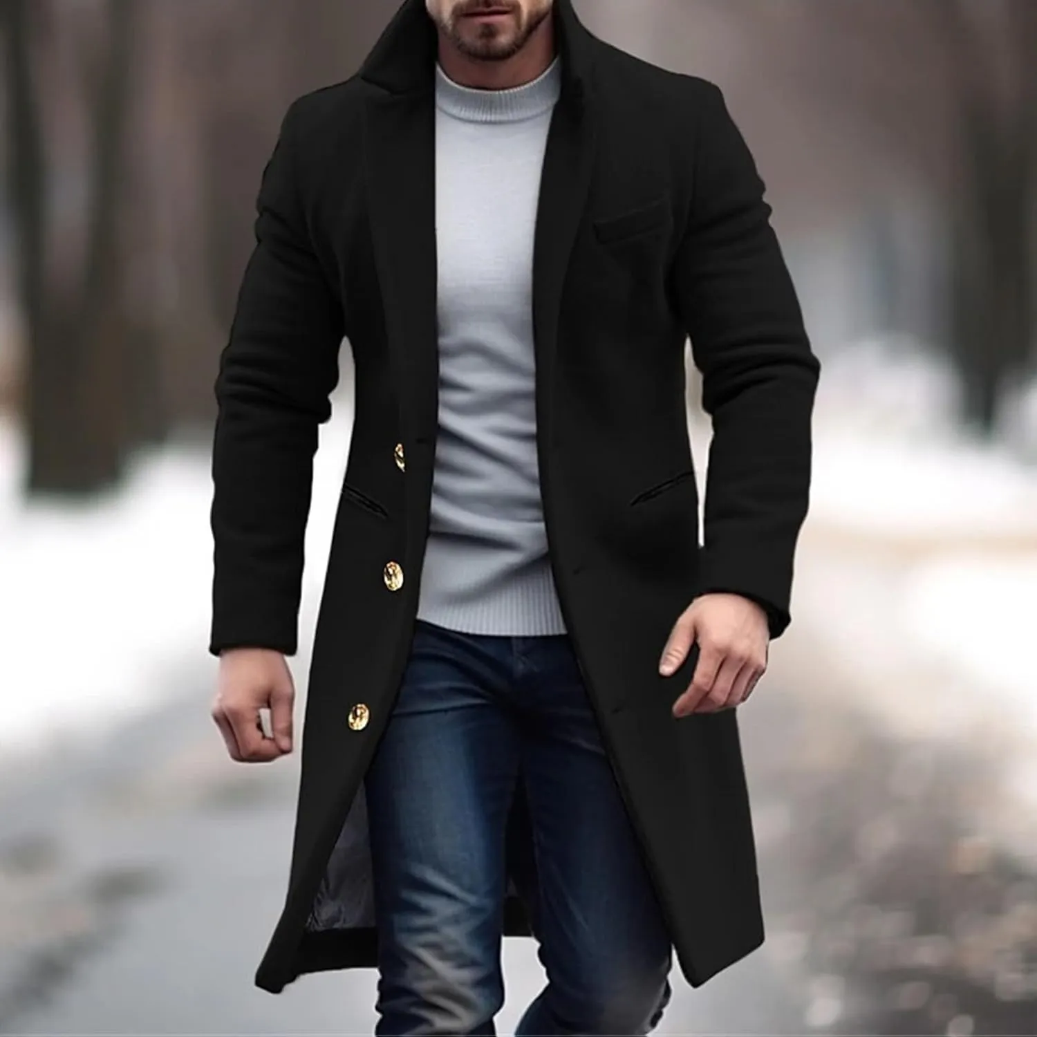 Maiyifu-GJ Men's Wool Blend Pea Coat Notched Collar Single Breasted Overcoat Warm Winter Trench Coat