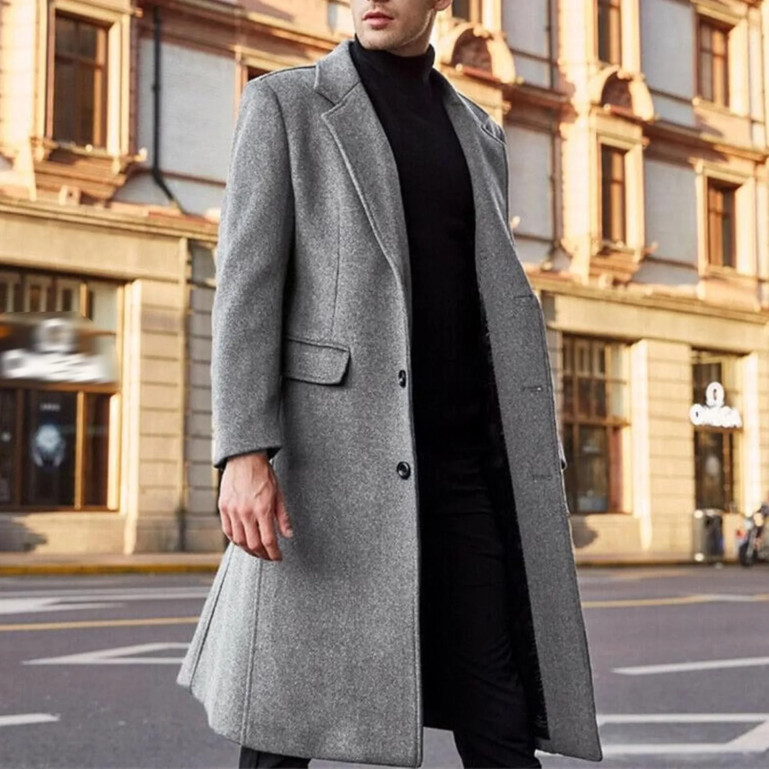 Maiyifu-GJ Men's Wool Blend Pea Coat Notched Collar Single Breasted Overcoat Warm Winter Trench Coat