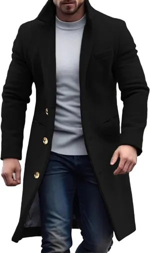 Maiyifu-GJ Men's Wool Blend Pea Coat Notched Collar Single Breasted Overcoat Warm Winter Trench Coat