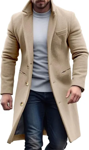 Maiyifu-GJ Men's Wool Blend Pea Coat Notched Collar Single Breasted Overcoat Warm Winter Trench Coat