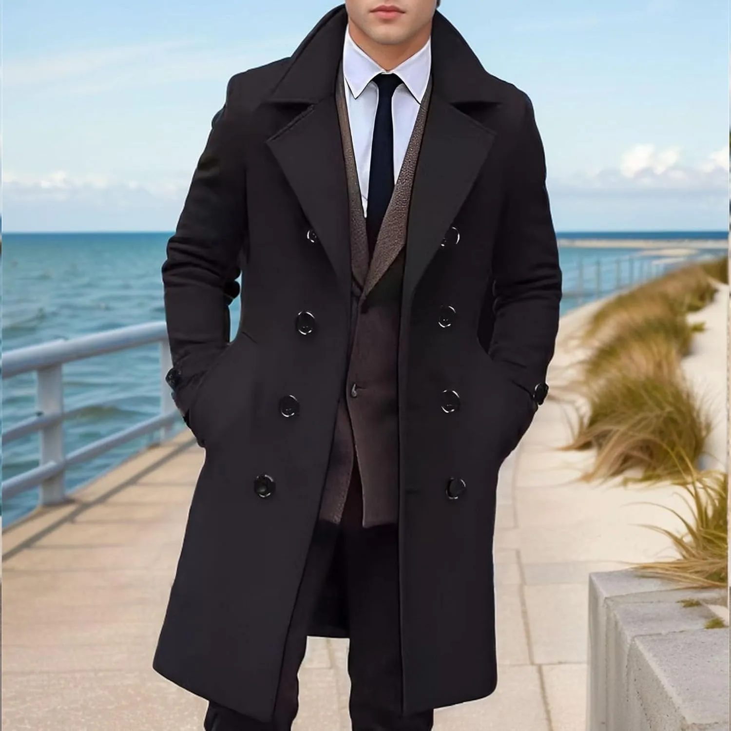 Maiyifu-GJ Men's Wool Blend Pea Coat Notched Collar Single Breasted Overcoat Warm Winter Trench Coat