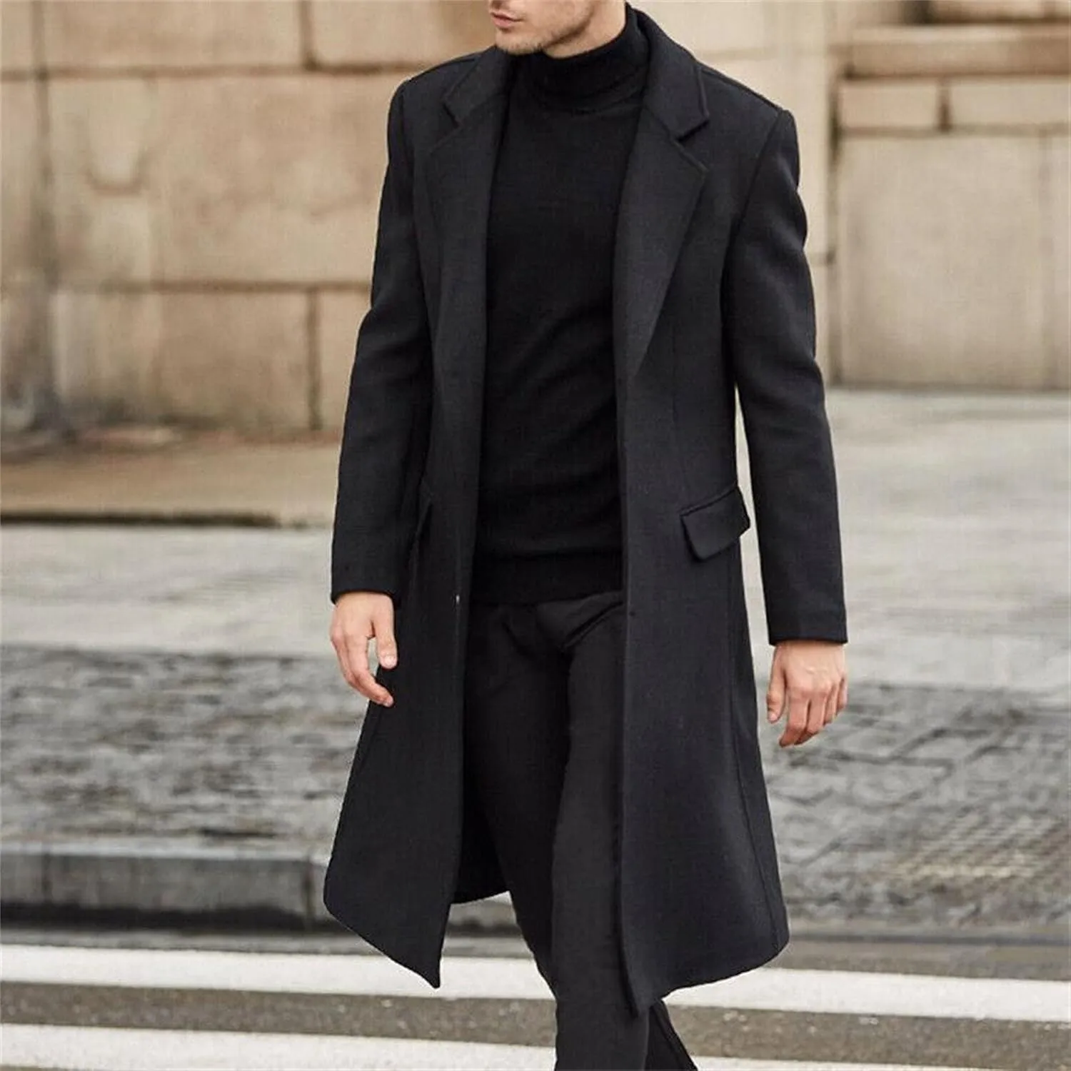Maiyifu-GJ Men's Wool Blend Pea Coat Notched Collar Single Breasted Overcoat Warm Winter Trench Coat