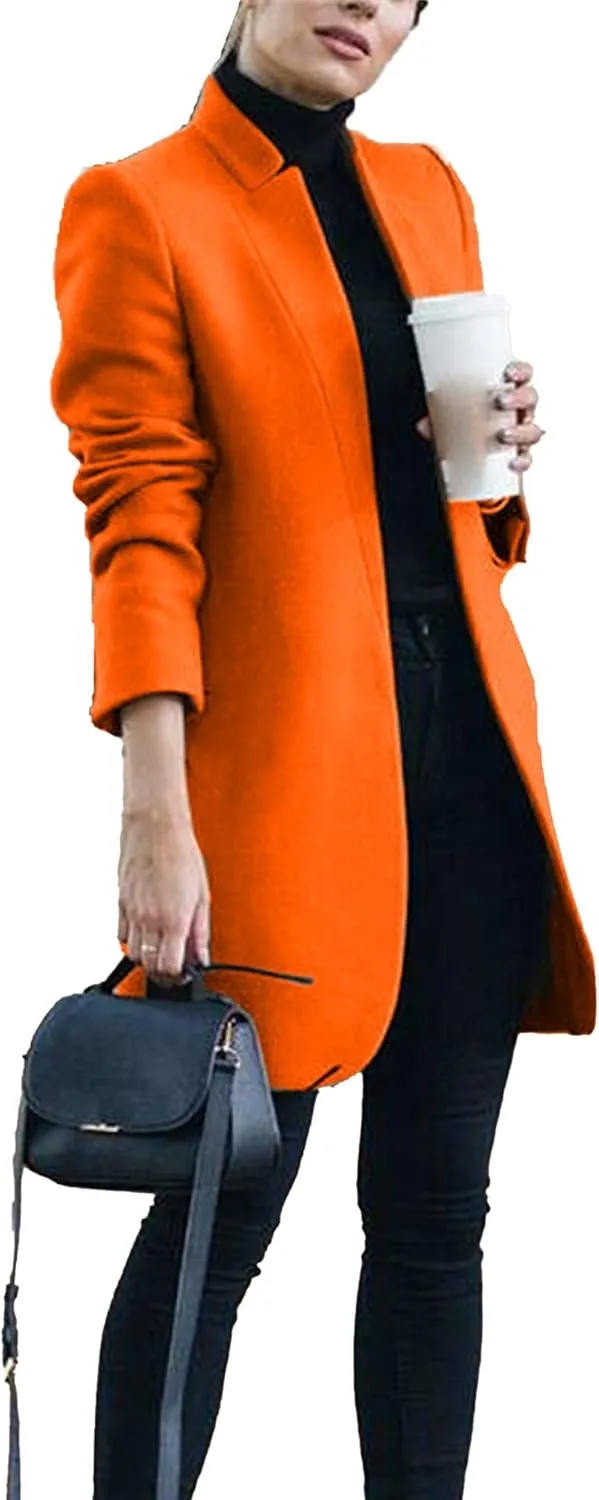 Maiyifu-GJ Womens Stand Collar Wool Blend Coats Casual Warm Open Front Cardigan Trench Overcoat Mid Long Slim Fit Jackets