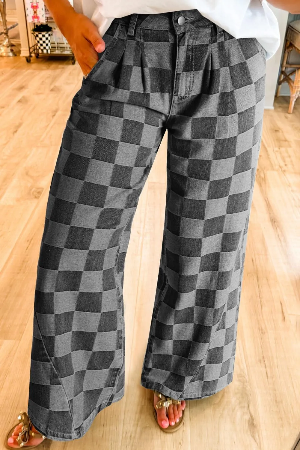 Melliflo Plaid Denim Pants for Women Fashion Checkered Print Wide Leg Jean Pant Elastic High Waist Lounge Trouser Streetwear Black