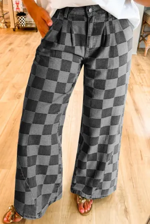 Melliflo Plaid Denim Pants for Women Fashion Checkered Print Wide Leg Jean Pant Elastic High Waist Lounge Trouser Streetwear Black