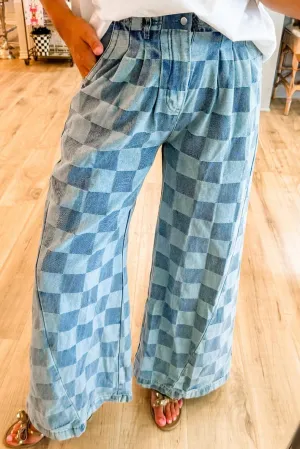Melliflo Plaid Denim Pants for Women Fashion Checkered Print Wide Leg Jean Pant Elastic High Waist Lounge Trouser Streetwear Blue