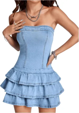 Melliflo Womens Y2 Strapless Denim Dress Layered Ruffle Bodycon Corset Jeans Dress Summer Sleeveless Tube Mini Dresses