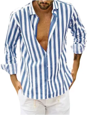 Men Button Down Striped Shirts Long Sleeve Tops Casual Basic Blue and White Striped Dress Shirt Slim Fit Blouses