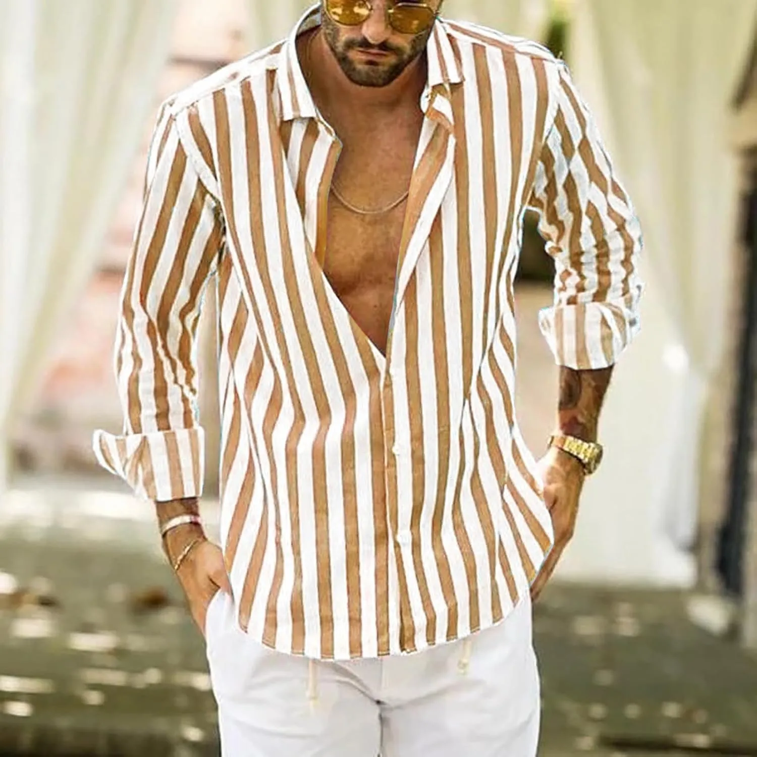 Men Button Down Striped Shirts Long Sleeve Tops Casual Basic Blue and White Striped Dress Shirt Slim Fit Blouses