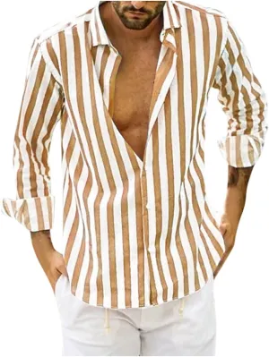 Men Button Down Striped Shirts Long Sleeve Tops Casual Basic Blue and White Striped Dress Shirt Slim Fit Blouses