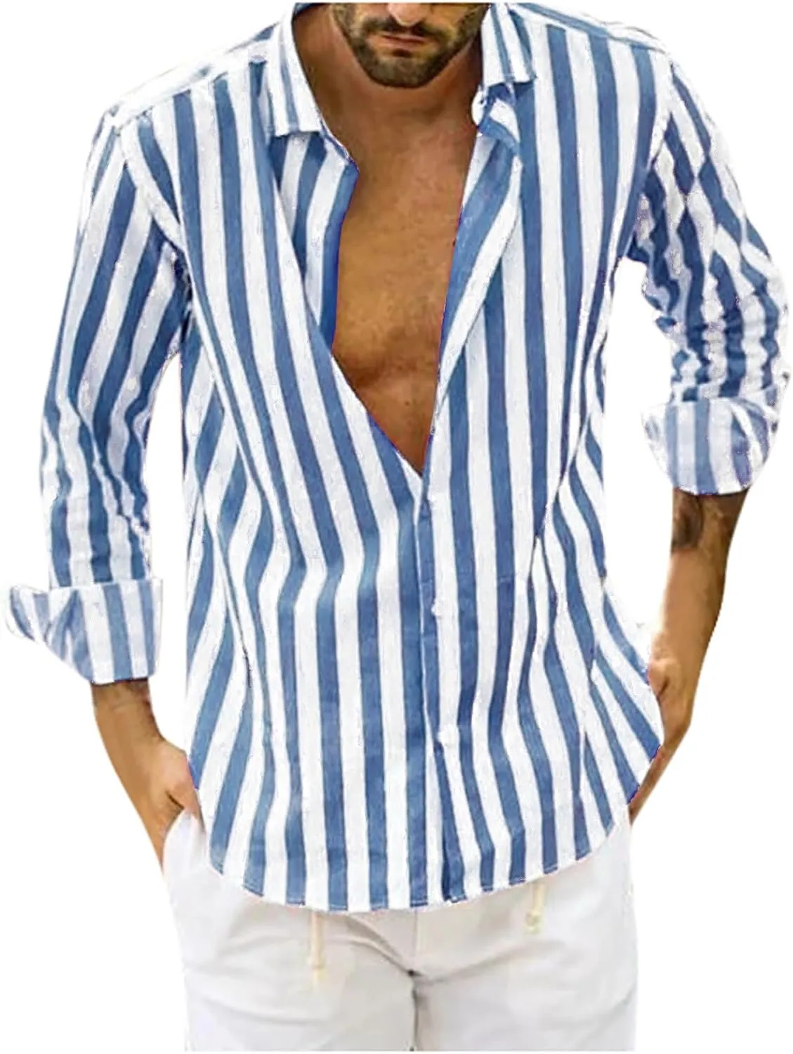 Men Button Down Striped Shirts Long Sleeve Tops Casual Basic Blue and White Striped Dress Shirt Slim Fit Blouses