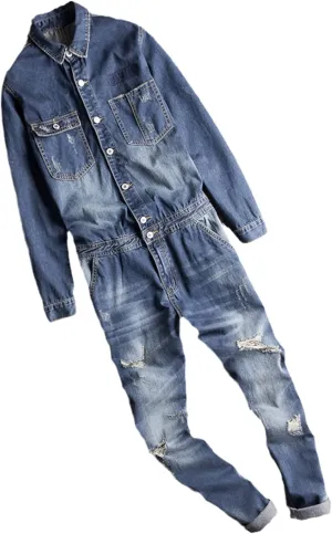 Men Denim Jumpsuits Long Sleeve Lapel Retro Motorcycle Hole Ripped Jeans Cargo Pants
