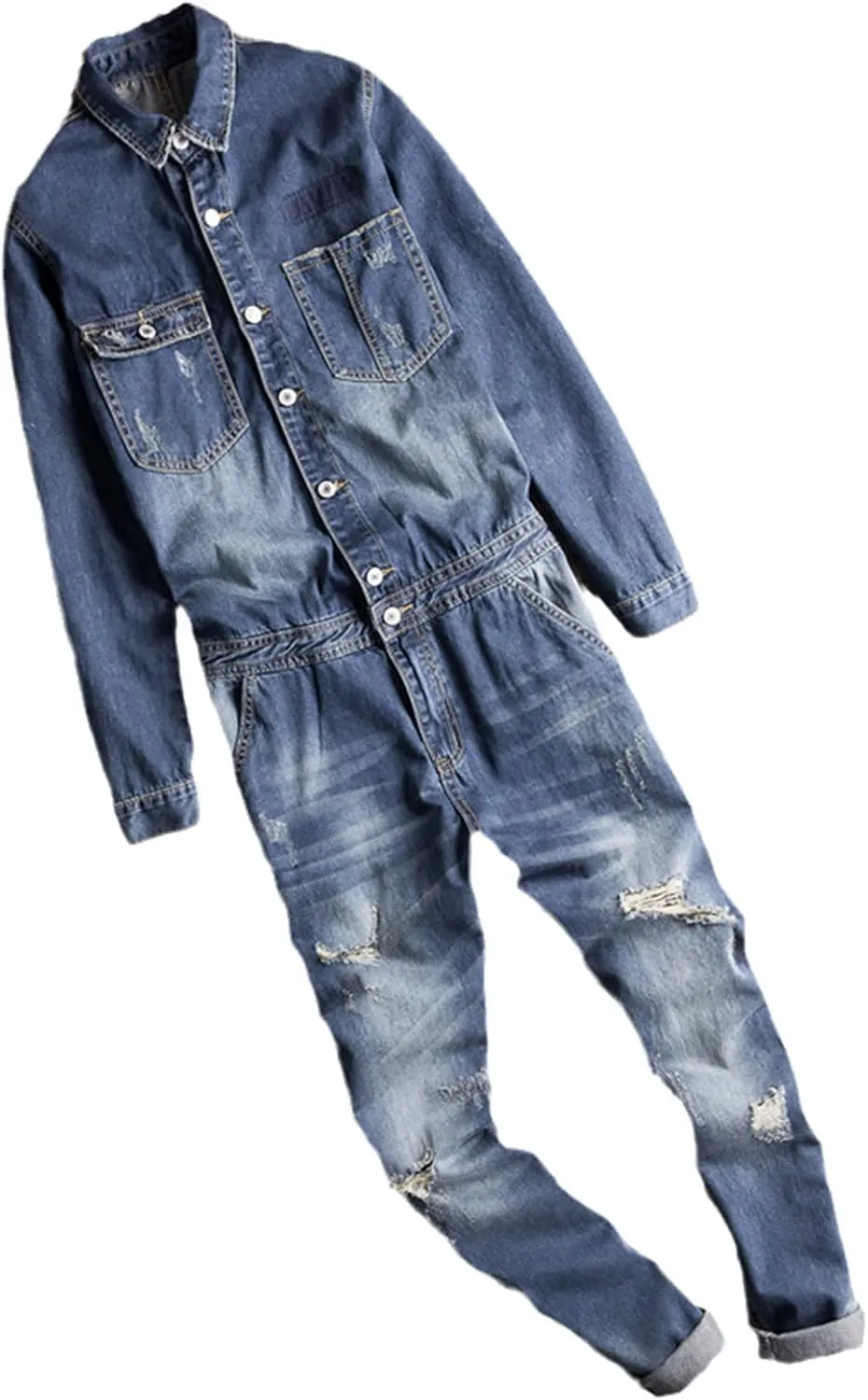 Men Denim Jumpsuits Long Sleeve Lapel Retro Motorcycle Hole Ripped Jeans Cargo Pants