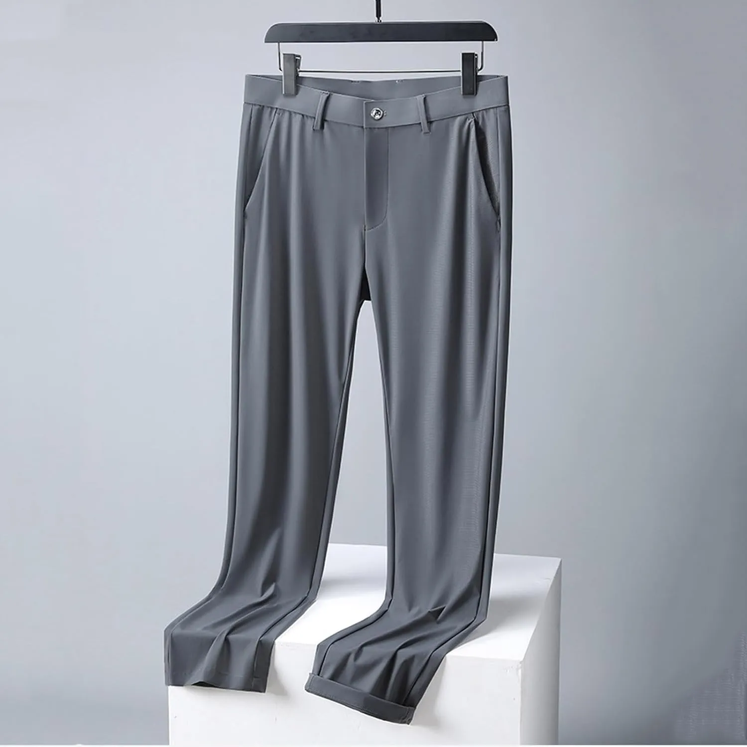Men Ice Silk Suit Pants Dress Pants Regular Fit Formal Trousers Stretch Chino Trouser Lightweight Casual Business Pant