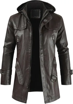 Men Pu Leather Zipper Trench Coat Hooded Casual Motorcycle Long Leather Jacket Vintage Biker Windbreaker With Belt