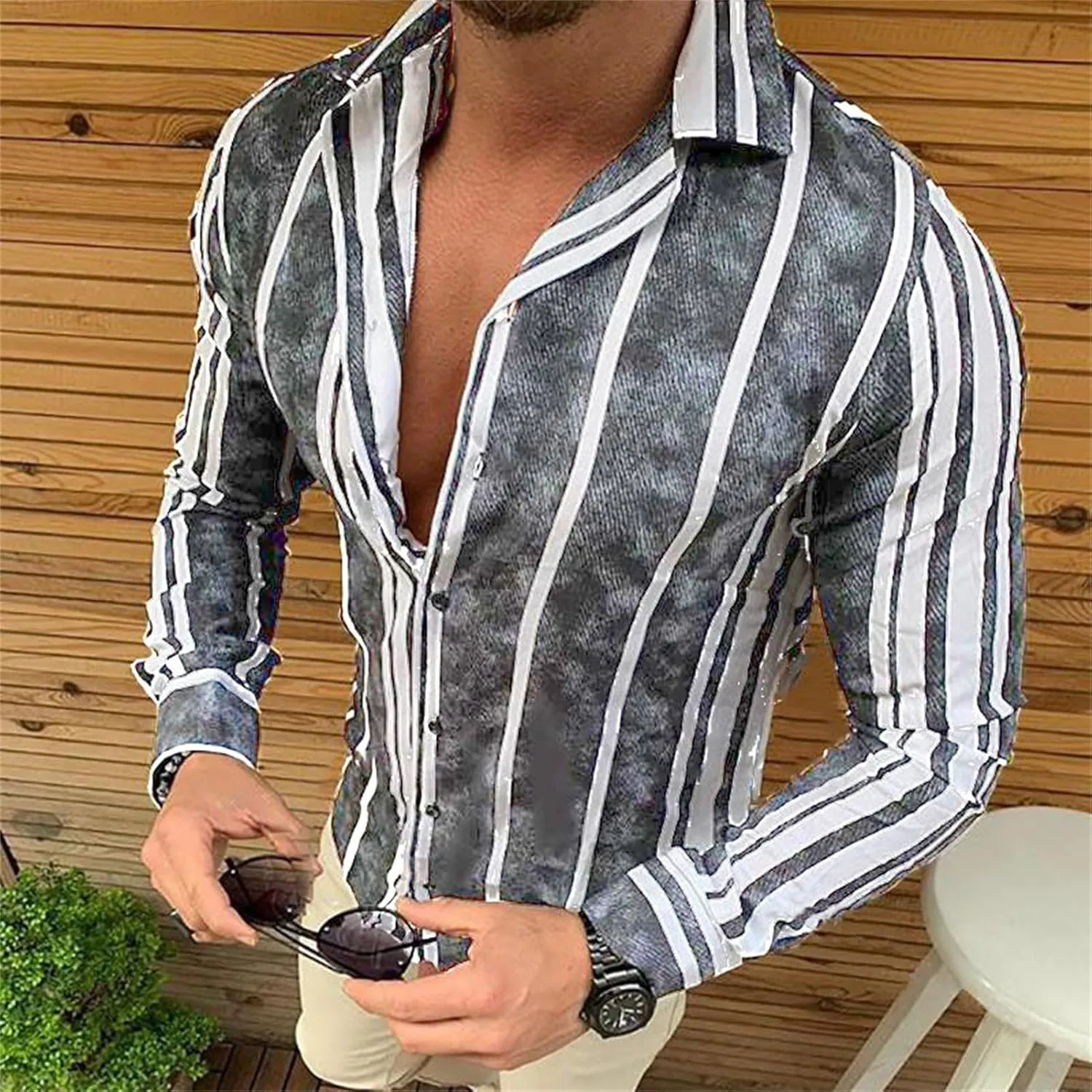 Men V-Neck Summer Long-Sleeved Striped Shirt Beach Yoga Casual Silm Fit Shirt Striped Work Linen Fashion Shirt