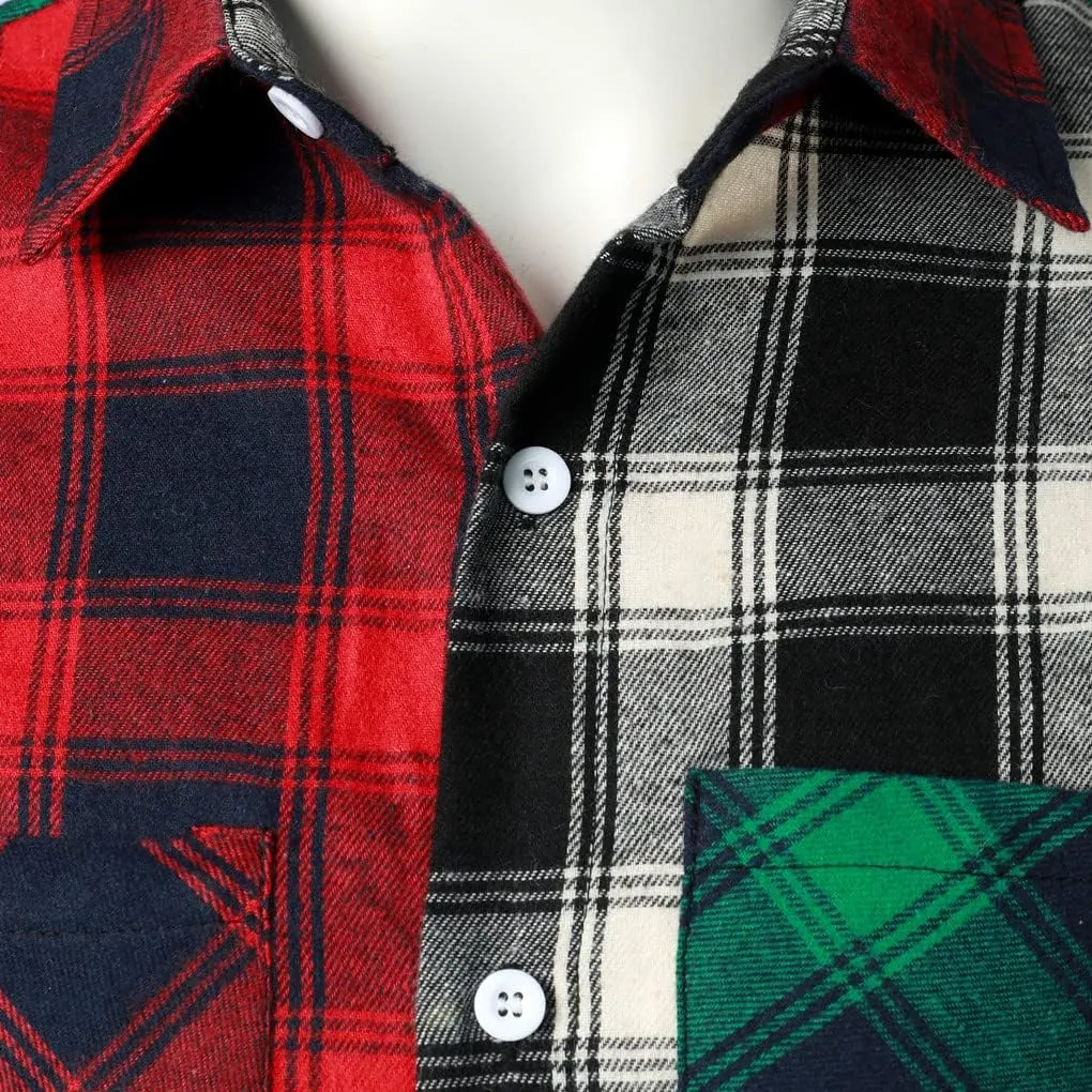 Men Women Color Block Plaid Shirt Patchwork Plaid Shirts Button Down Long Sleeve Casual Shirts