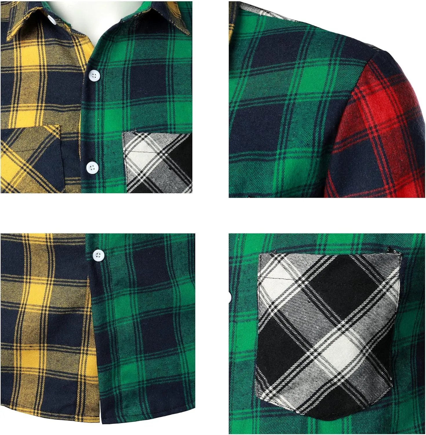 Men Women Color Block Plaid Shirt Patchwork Plaid Shirts Button Down Long Sleeve Casual Shirts