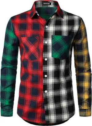 Men Women Color Block Plaid Shirt Patchwork Plaid Shirts Button Down Long Sleeve Casual Shirts