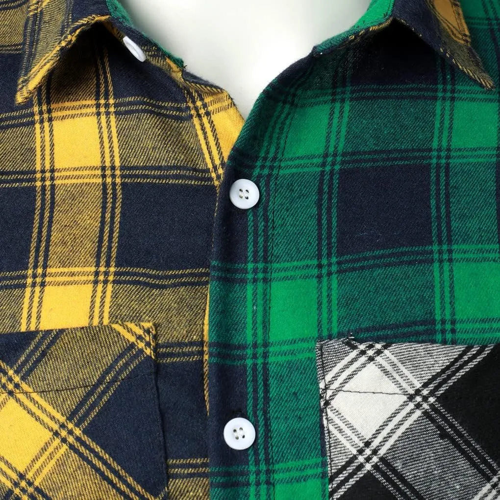 Men Women Color Block Plaid Shirt Patchwork Plaid Shirts Button Down Long Sleeve Casual Shirts