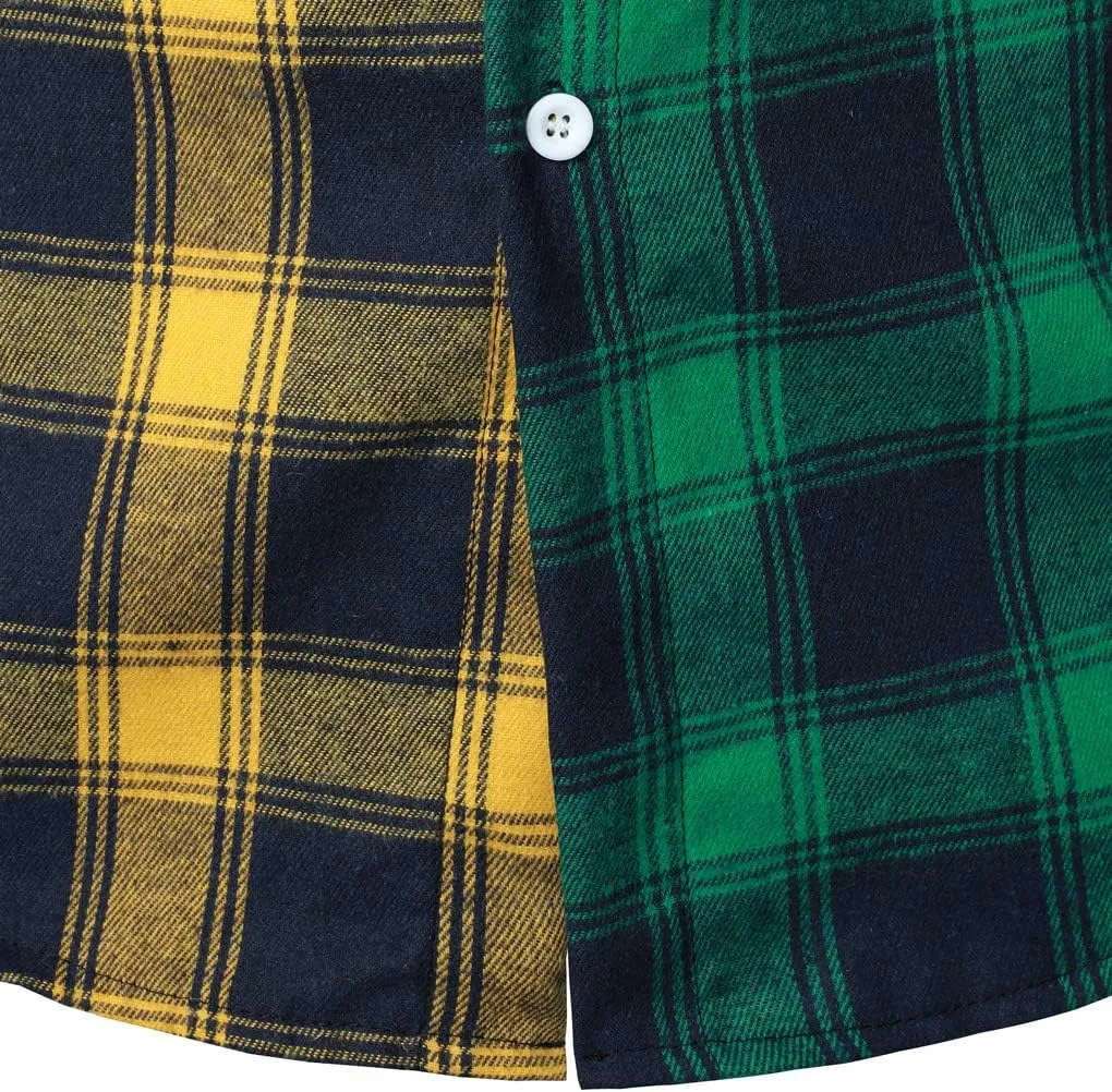 Men Women Color Block Plaid Shirt Patchwork Plaid Shirts Button Down Long Sleeve Casual Shirts