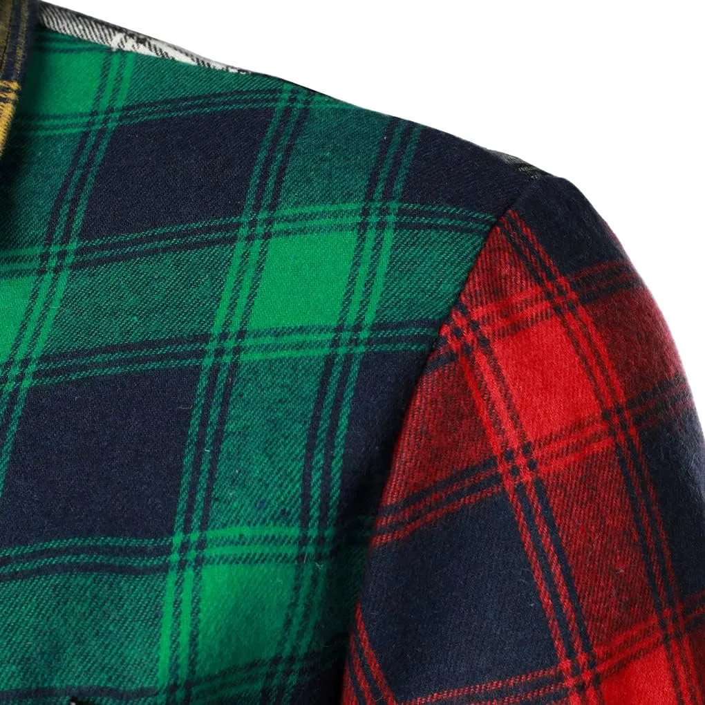 Men Women Color Block Plaid Shirt Patchwork Plaid Shirts Button Down Long Sleeve Casual Shirts