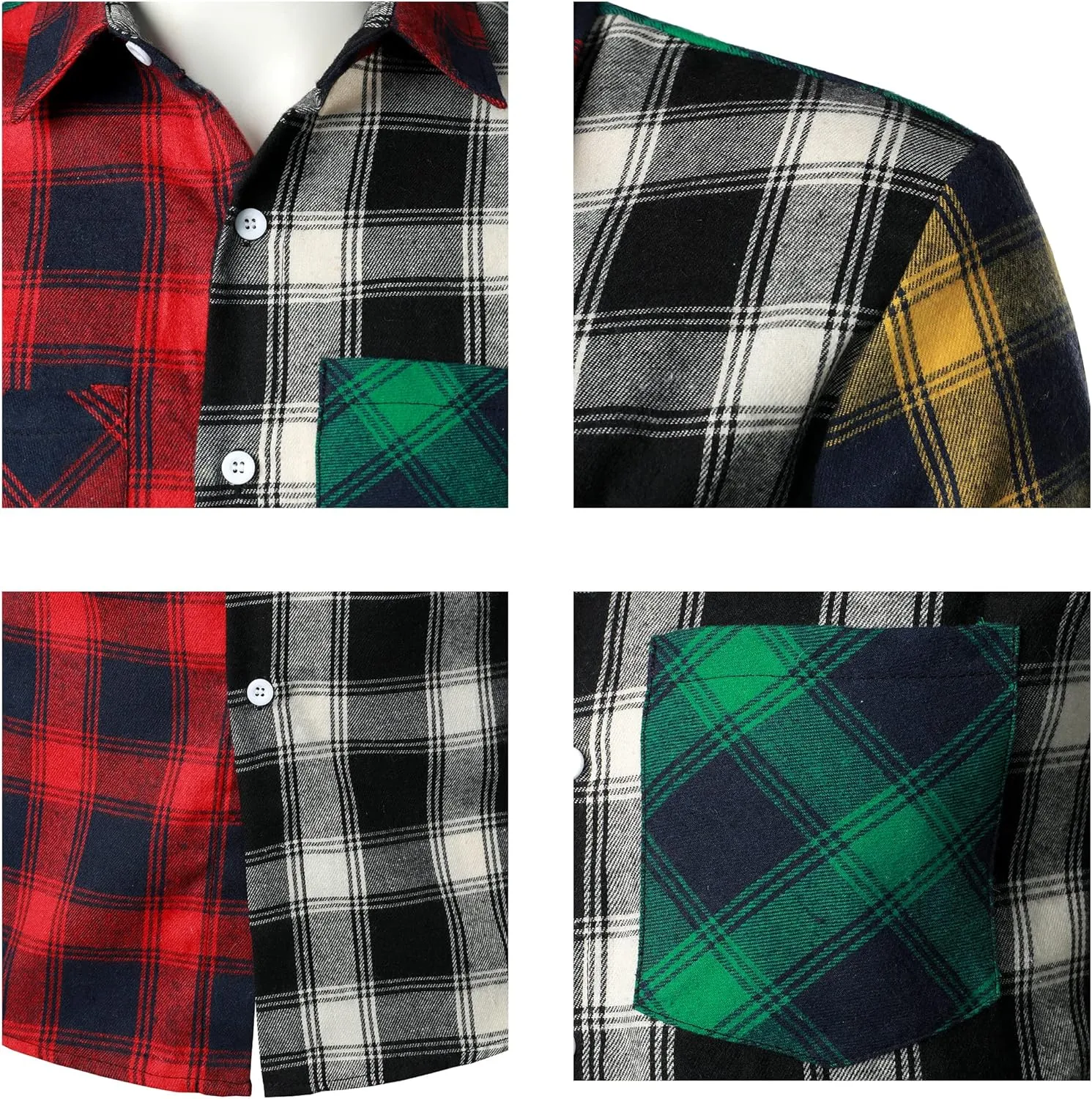 Men Women Color Block Plaid Shirt Patchwork Plaid Shirts Button Down Long Sleeve Casual Shirts